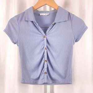 Beautees Large 14 Y2K Ribbed Faux Button Up Collared Crop Top Modest V Neck